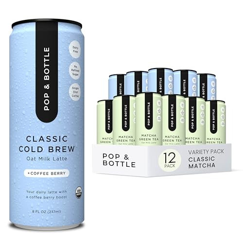 Pop & Bottle, Classic and Matcha Oat Milk Lattes - Reishi and Maitake Mushrooms, Green Tea, Cold Brew, Coffee Berry, MCT Oil, Organic, Dairy & Gluten Free, Vegan - 8 Fl Oz, (Pack of 12), 6 Each | Amazon (US)