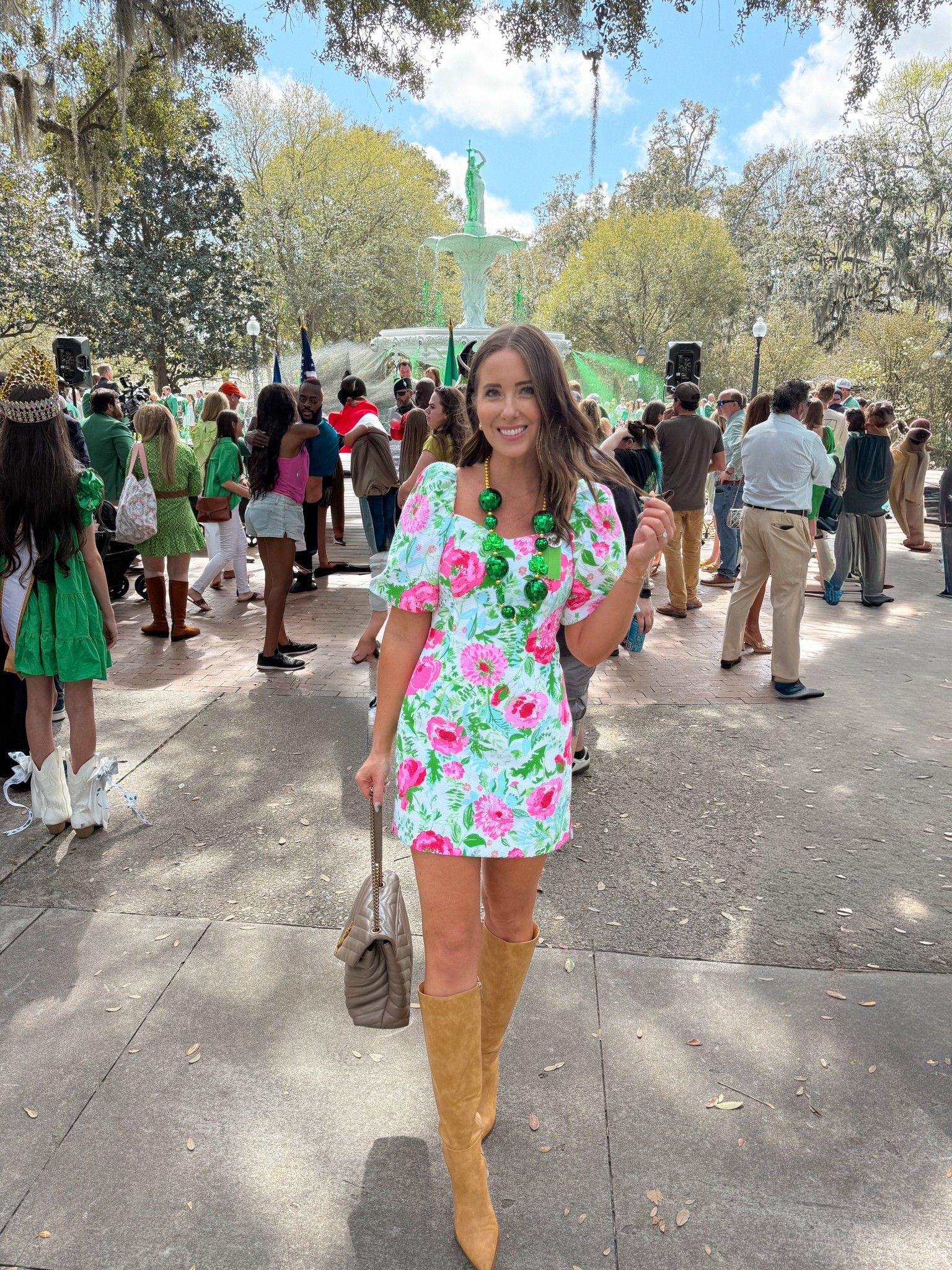 Greening of the Fountain in Savannah - love this floral dress for St. Patrick’s Day + Spring ☘️✨ I sized down and am wearing a size 2! 

#LTKdayinmylife #LTKootd #LTKTravel