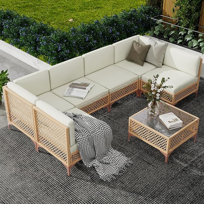 LYNSLIM Outdoor Patio Furniture Set, Wicker Outdoor Sectional Set, Boho Patio Conversation Sectio... | Amazon (US)
