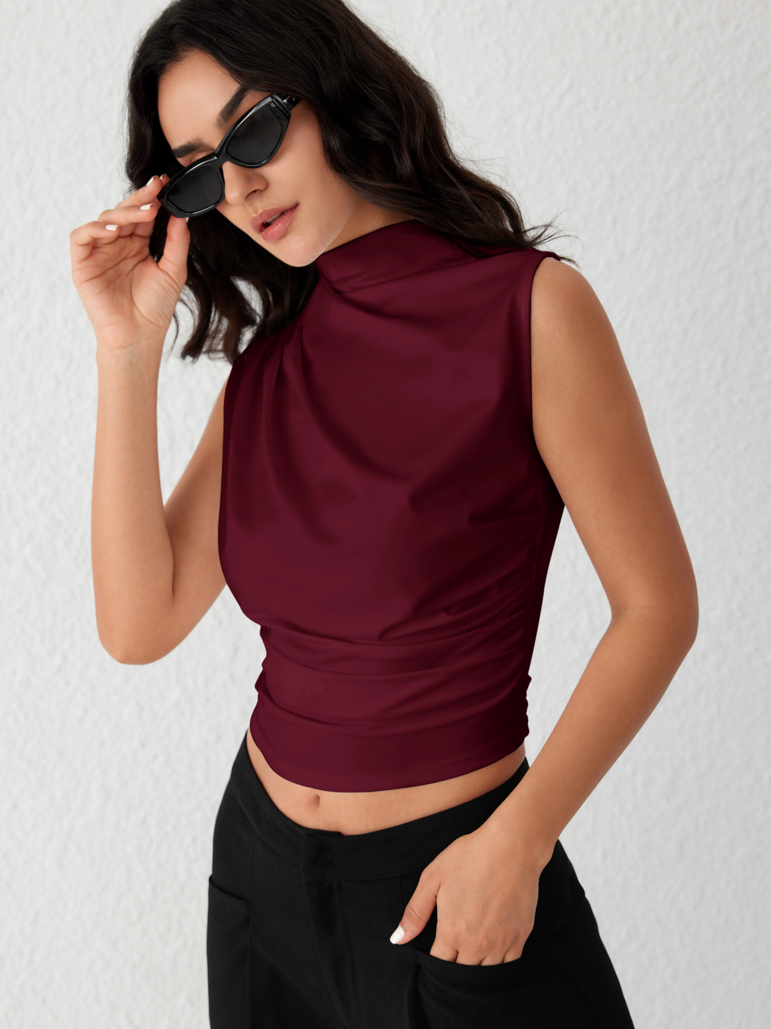 Sleeveless Tops Summer Tops Cute Tops City Chic Knit Fabric Asymmetrical High Neck Ruched Crop To... | Cider