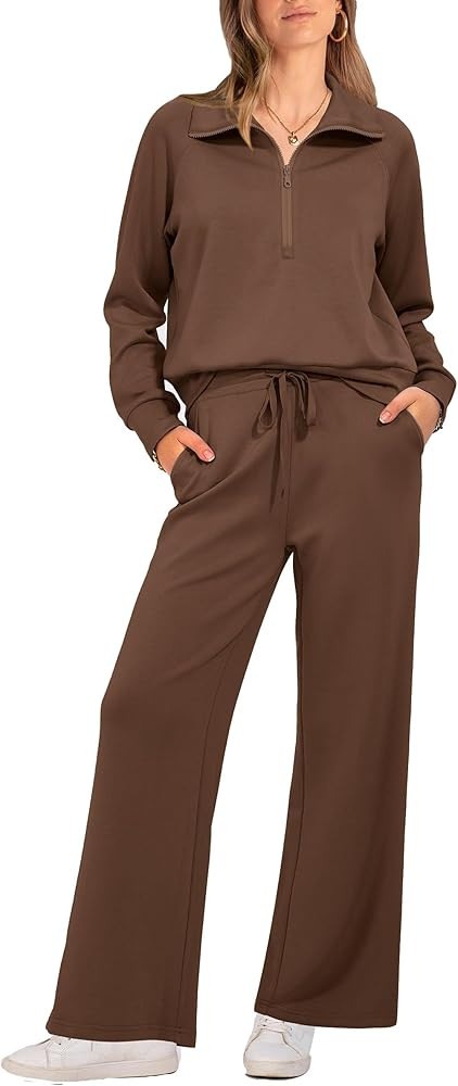 PRETTYGARDEN Women's 2 Piece Outfits Casual Lapel Half Zip Sweatshirts And Wide Leg Pants Tracksu... | Amazon (US)