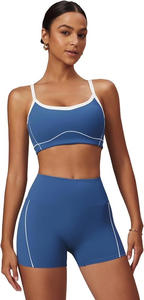 Women's Yoga Set 2 Piece Contrast Trim Sports Bra and High Waisted Yoga Leggings Shorts Exercise ... | Amazon (US)