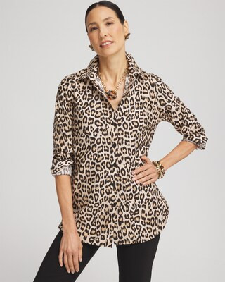 Women's No Iron™ Leopard Print Shirt in Tan size Medium | Chico's | Chico's