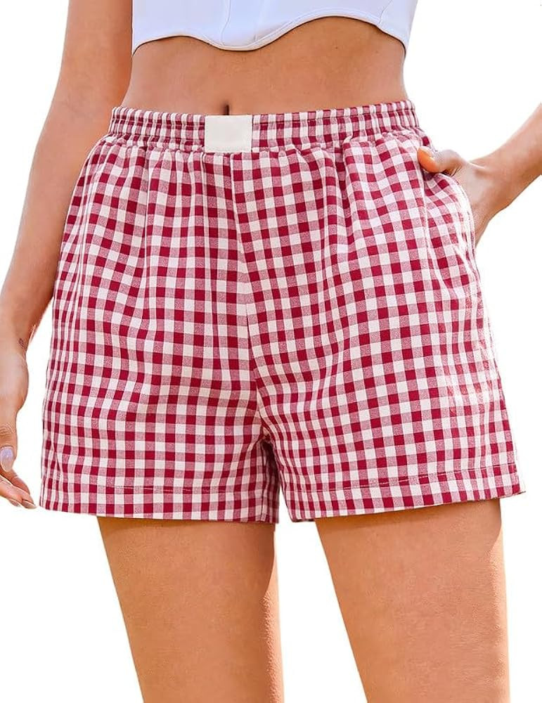 Marvmys Womens Boxer Shorts Cotton Plaid Gingham Shorts Summer Elastic Waist Pajama Buttoms with ... | Amazon (US)