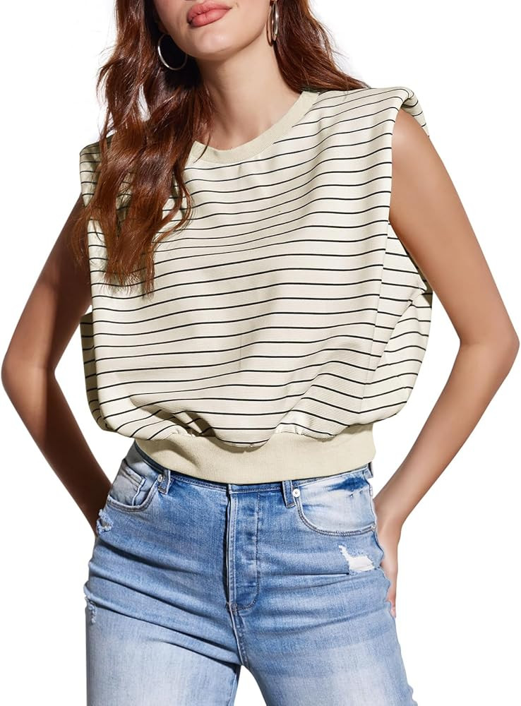 Tankaneo Women's Stripped Tank Tops Crewneck Casual Summer Sleeveless Vest with Shoulder Pads | Amazon (US)