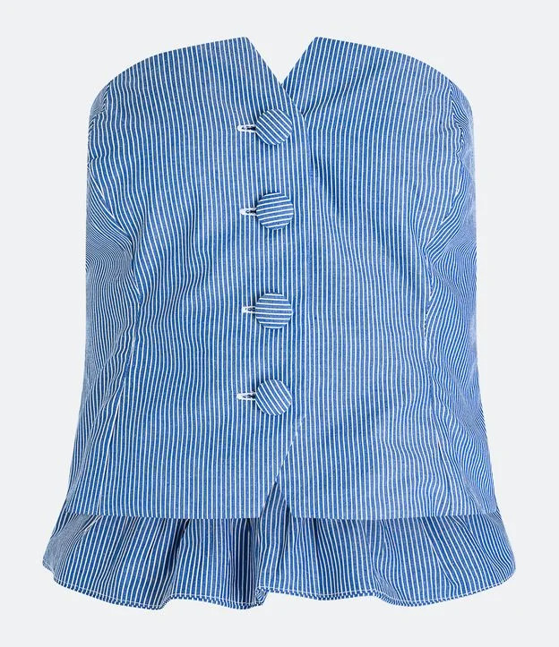 Blusa Cropped em Tricoline Tomara que Caia Listrada com Botões Frontais Azul | Renner (BR)