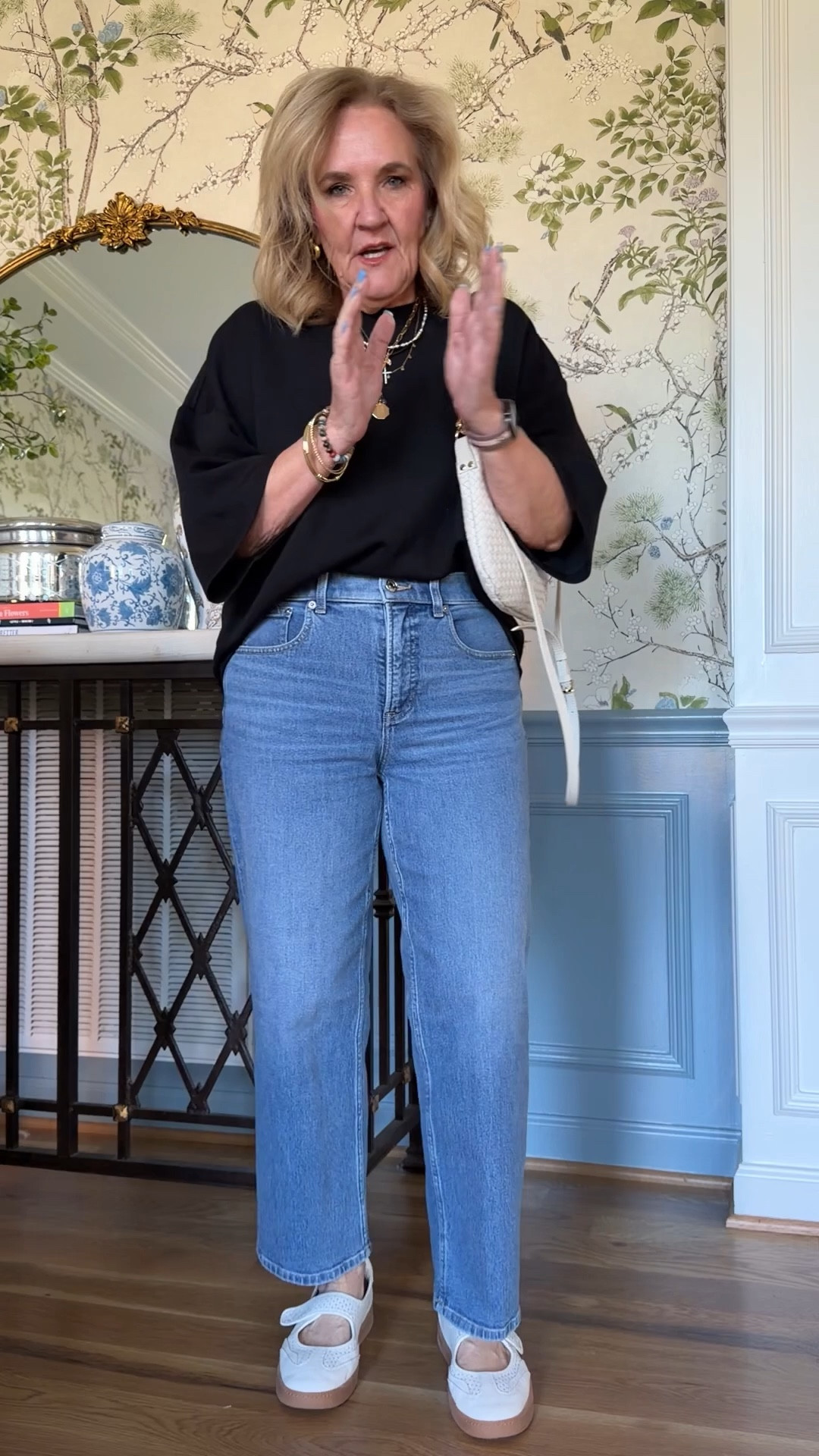 Spanx relaxed tee size medium 
Spanx denim with 360 degree support. Medium petite 
Sneakers are true to size love them! 

#LTKPetite #LTKOver40 #LTKootd