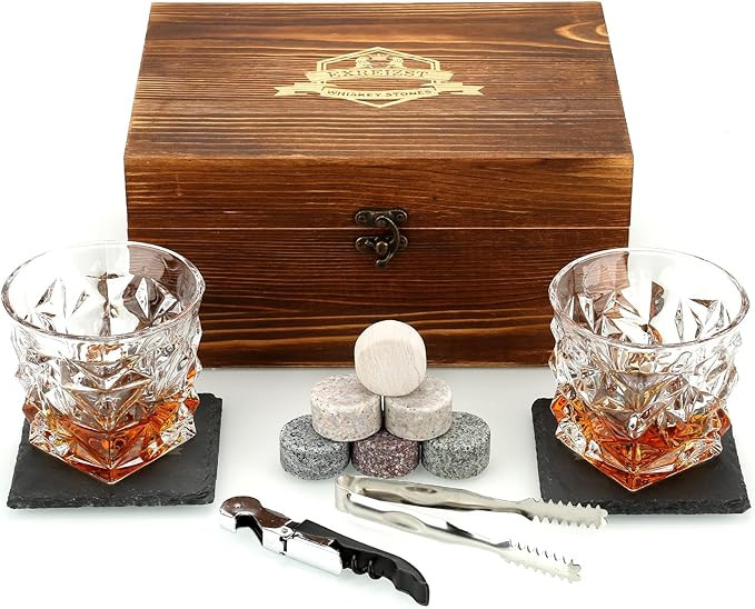 Whiskey Stones Gift Set - Whiskey Glass Set of 2 - Granite Chilling Whiskey Rocks - Scotch Bourbo... | Amazon (US)