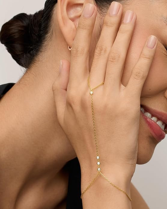 PAVOI 14K Yellow Gold Plated Hand Chains Bracelet for Women | Dainty Cubic Zirconia Bracelet and ... | Amazon (US)