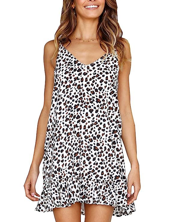 Relipop Women's Dress V-Neck Spaghetti Strap Ruffle Hem Leopard Short Dresses | Amazon (US)