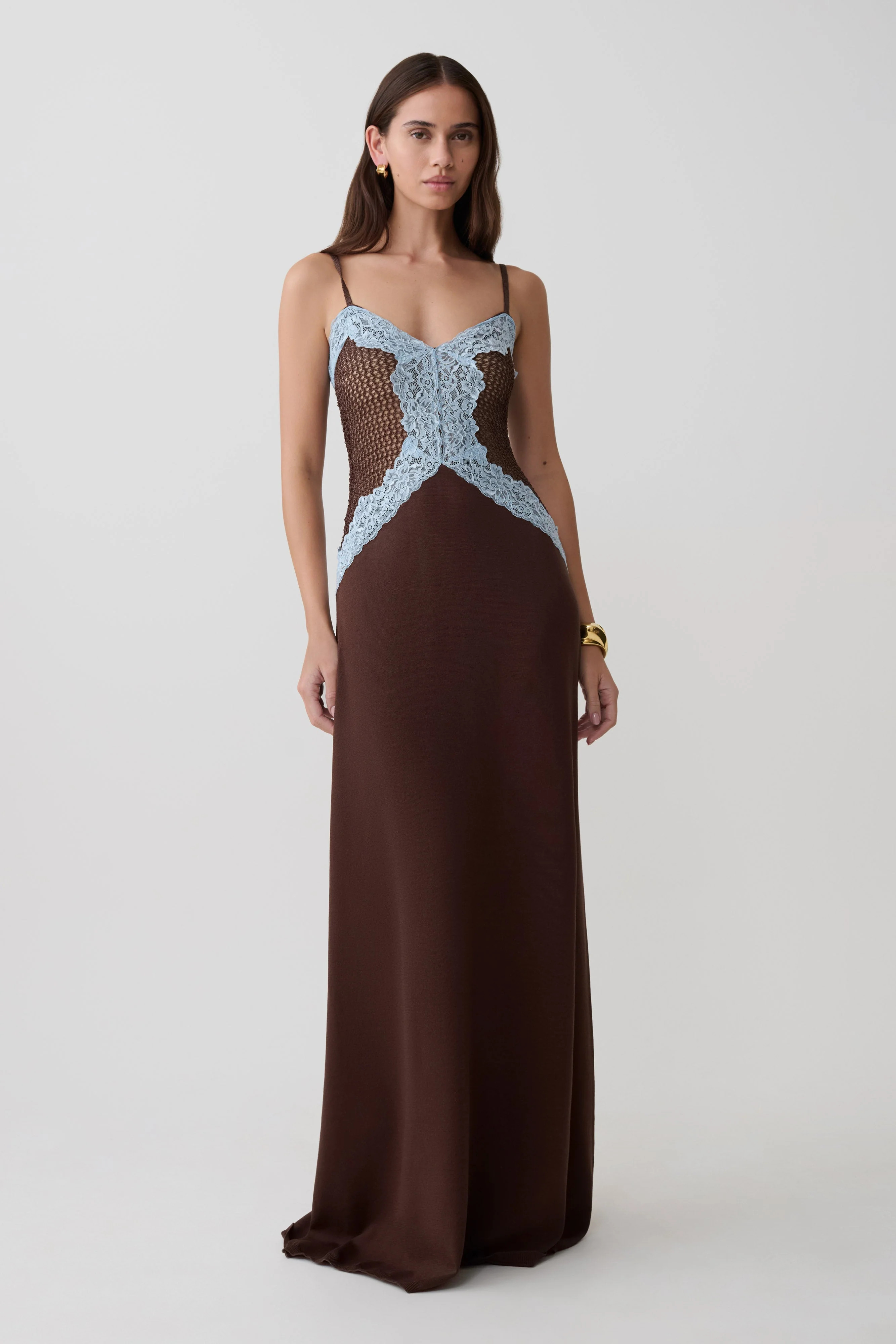 Bray Knit & Lace Maxi Dress - Chocolate/Blue | MESHKI US