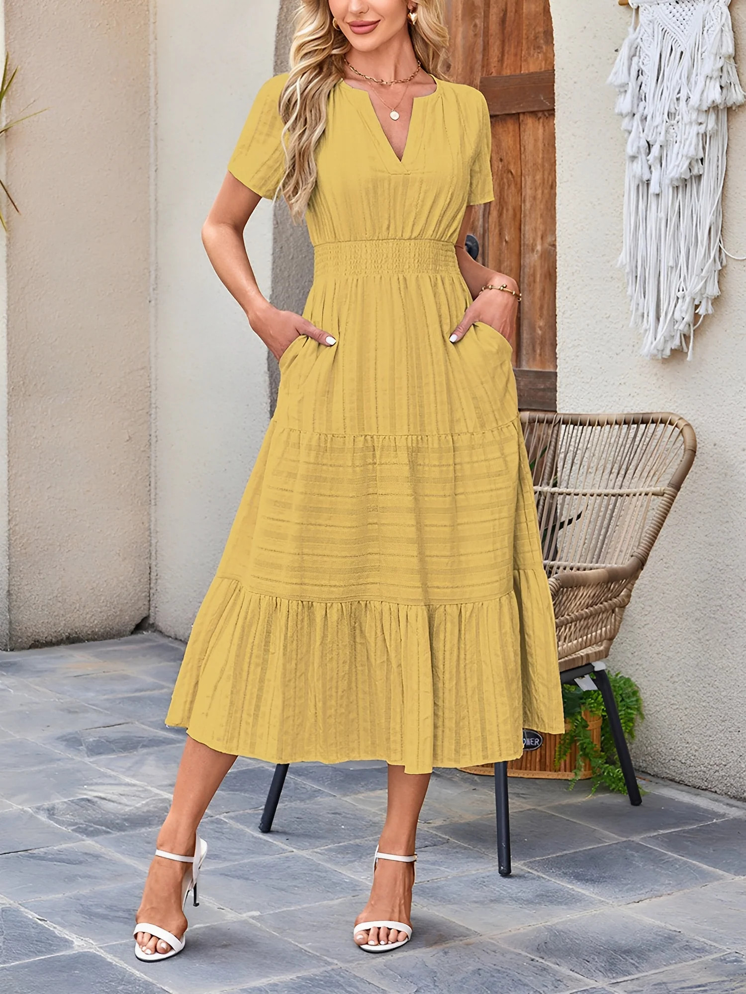 Women's Casual Notch Neck Puff Sleeve Smocked Waist Tiered Midi Dress with Pockets Summer Chic | allegra-k