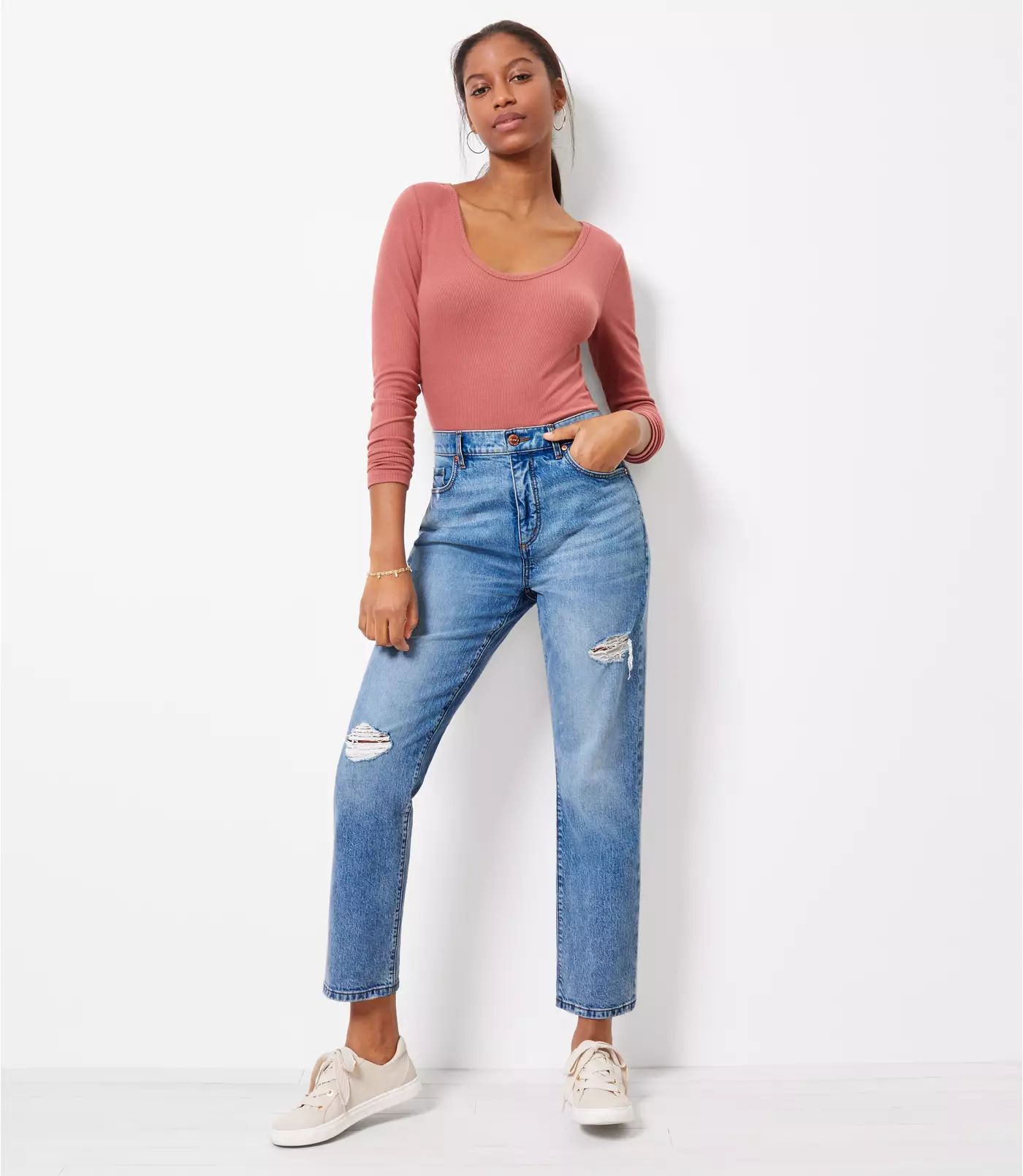 Destructed High Rise Straight Crop Jeans in Authentic Light Indigo Wash | LOFT