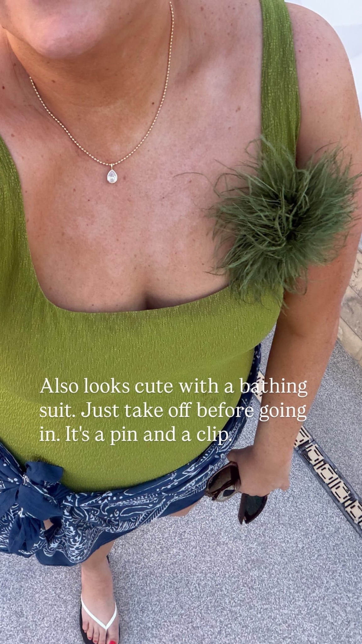 And here’s a different color and a completely different look! I clipped it to my swimsuit strap for a Vegas pool day party (don’t get it wet though). It’s both a pin and a clip — such an easy way to instantly stand out and level up a wide variety of looks.
