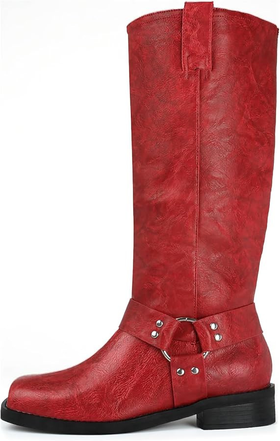 FIFSY Knee High Boots for Women Chunky Heel Buckle Boots Square Toe Pull On Motorcycle Biker Ridi... | Amazon (US)