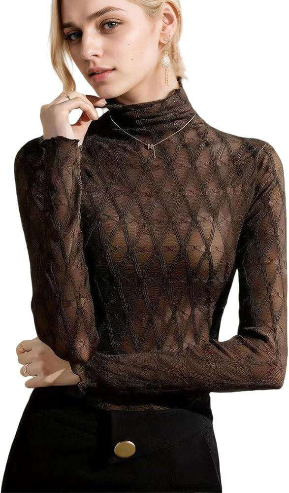 Women's Sexy Autumn Slim Fitting Long Sleeved Turtleneck Pullover Bottom Shirt Mesh Lace Perspect... | Amazon (US)