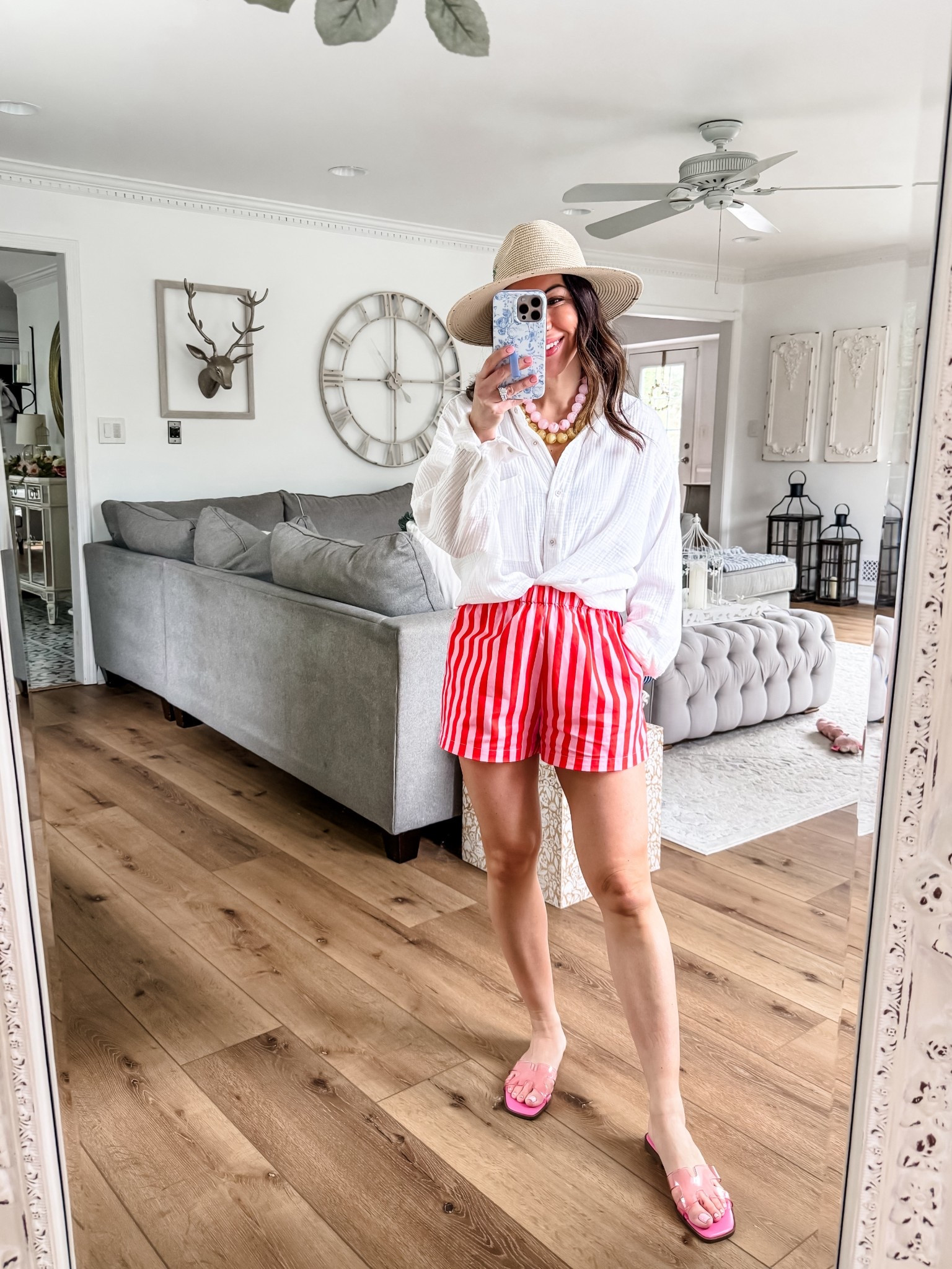 Short small period white gauze button down small. Jelly sandals TTS.

#LTKOver40