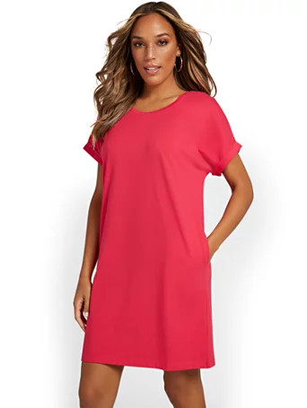 NY & Co Women's Crewneck Perfect Tee Shirt Dress Summer Berry Punch Size Small Cotton | New York & Company