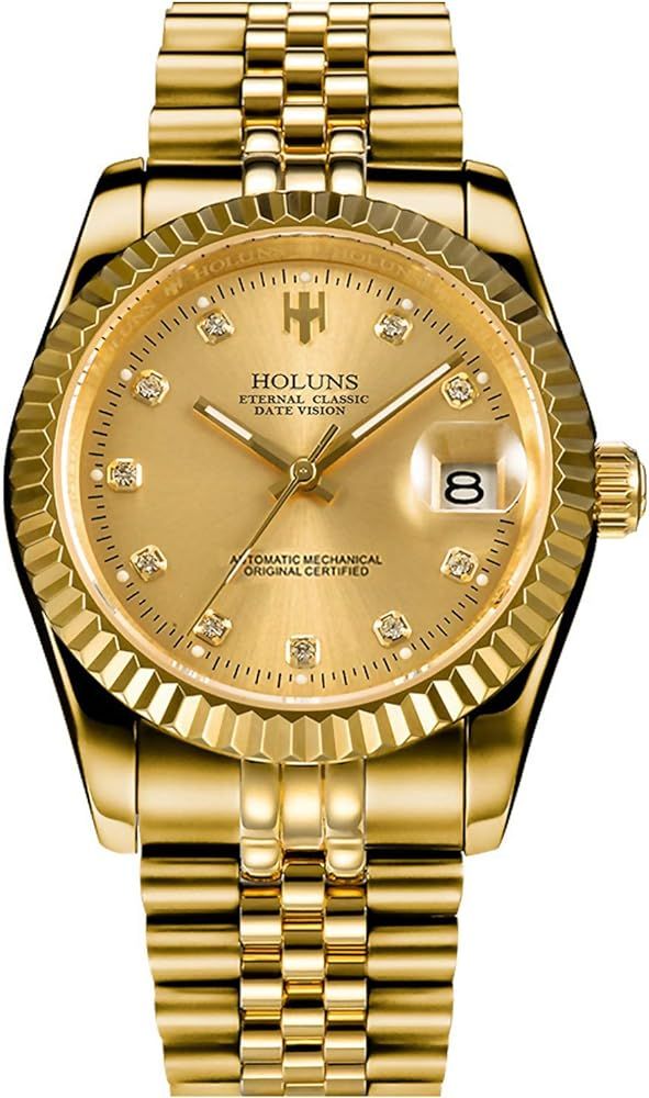 HOLUNS Mens Full Gold Watch Automatic Mechanical Gilded Steel Self-Wind Sapphire Glass Dress Wate... | Amazon (US)