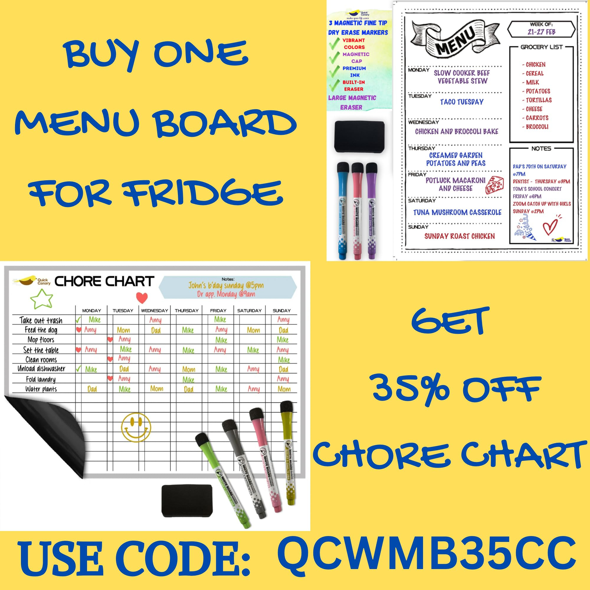 Magnetic Weekly Meal Planner for Refrigerator – 16x12” Dry Erase Menu Board for Kitchen – F... | Amazon (US)