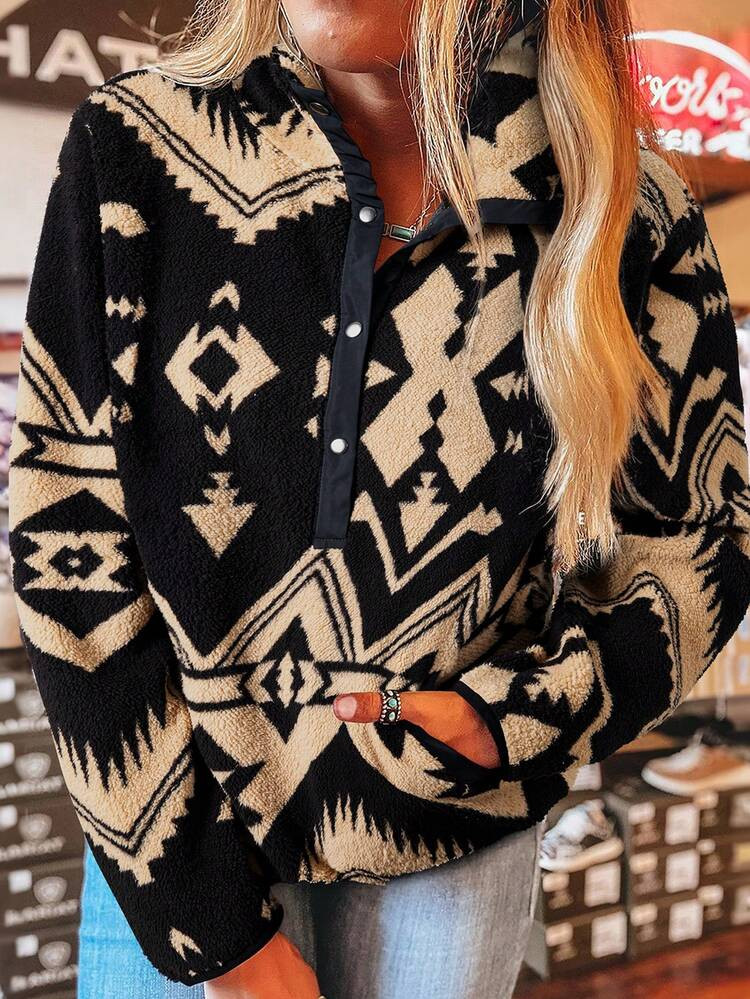 Acelitt Winter Women's Black Western Style Geometric Pattern Printed Half Zipper Snap Casual Stand Up Collar Plush Hoodie | SHEIN