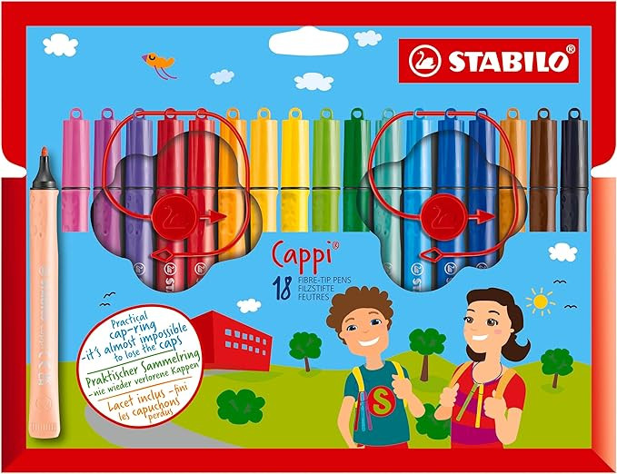 STABILO Cappi - Fibre-Tip Pen with Cap-Ring - Pack of 18 - Assorted Colours with 2 Cap-Rings | Amazon (UK)