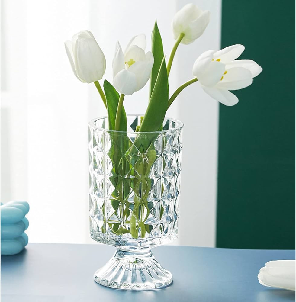 7 Inch Modern Glass Vase with Embossed Ribbed Base - Clear Hydroponic Design for Home Decor, Wedd... | Amazon (US)