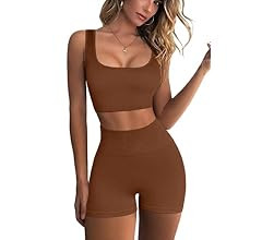 QINSEN Workout Sets for Women 2 Piece Seamless Ribbed Crop Tank High Waist Shorts Yoga Outfits | Amazon (US)
