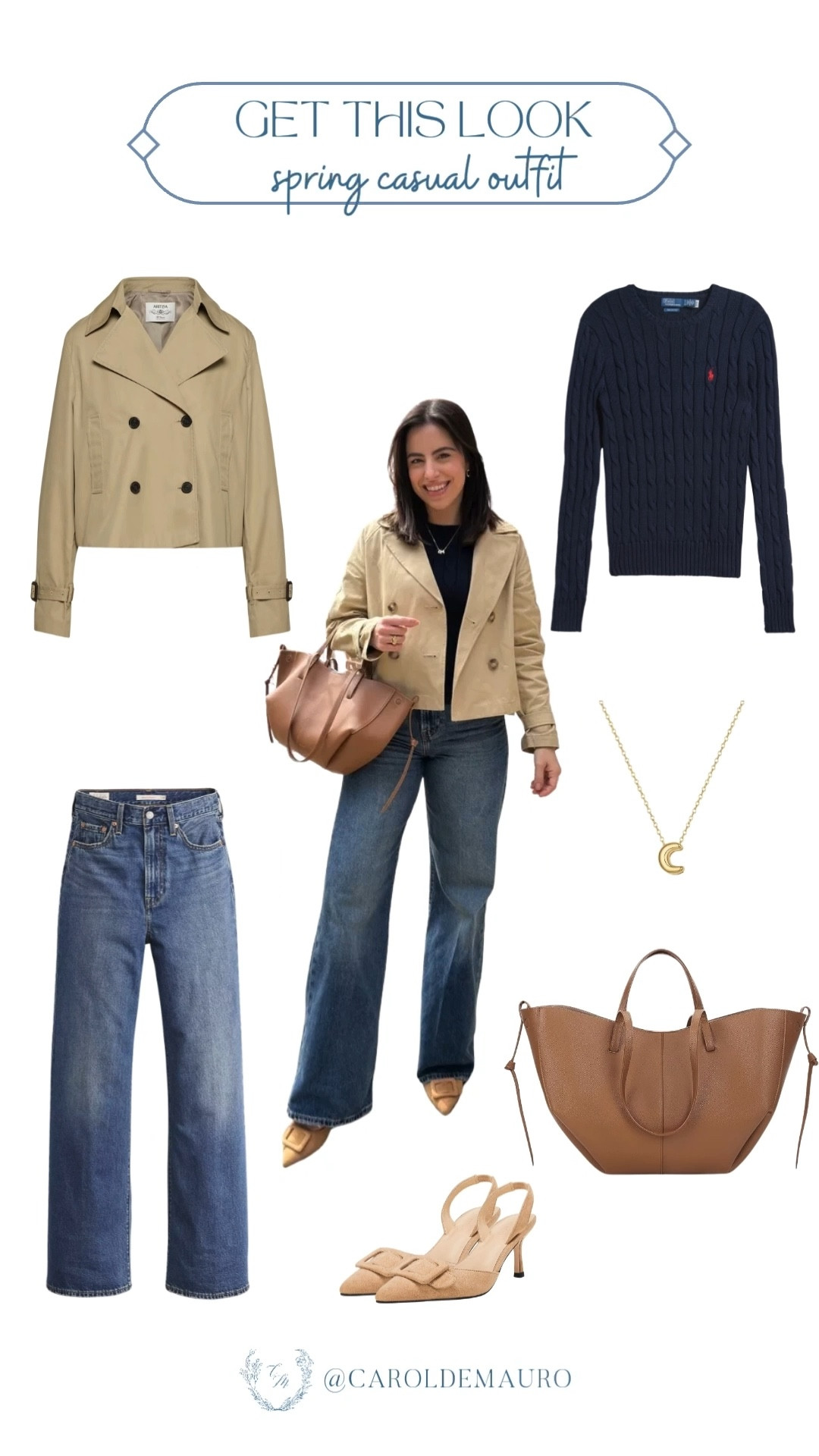 Achieve a chic and timeless look this season by pairing a cropped tan trench coat with a navy cable-knit sweater and relaxed wide-leg jeans just like how I do it! Style it with elegant tan slingback heels, a spacious leather tote bag, and a dainty gold initial necklace.

get this look, casual outfit, spring fashion, clean girl aesthetic, cool girl vibes, new yorker style, 

#LTKU #LTKSeasonal #LTKootd