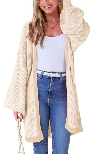 PRETTYGARDEN Open Front Cardigan Chunky Lantern Sleeve Cardigans Open Front Knit Sweater 2024 Fall Winter Loose Fashion Sweaters Outwear (Apricot,S) | Amazon (US)