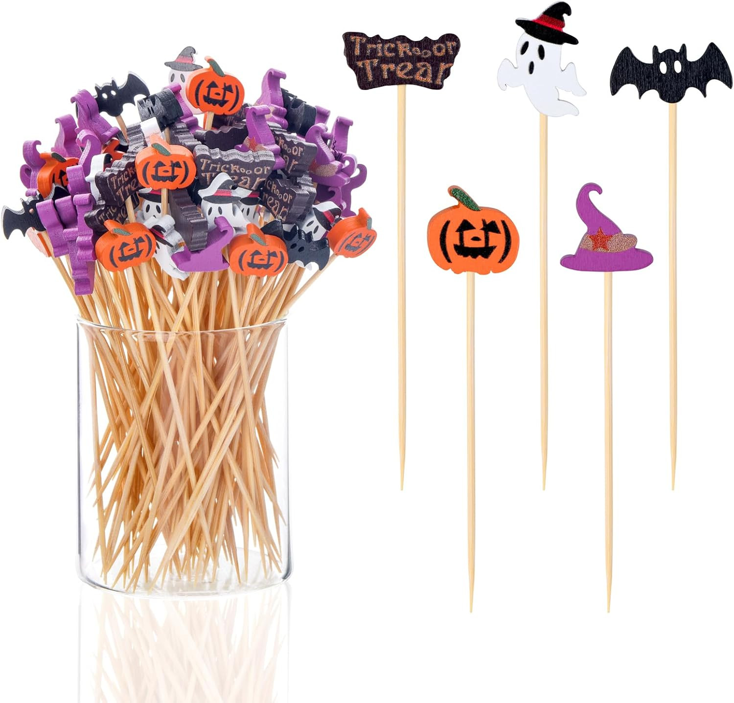 JtmyAota 100 Pack Halloween Toothpicks for Appetizers, 4.7 Inch Natural Bamboo Cocktail Picks for Cake Dessert Food Fruit Halloween Party Decorations | Amazon (US)