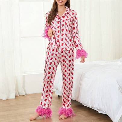 Women's Valentine's Day 2 Piece Satin Pajama Set Feather Trim Long Sleeve Button Up Shirt + Pants Set Sleepwear | SHEIN