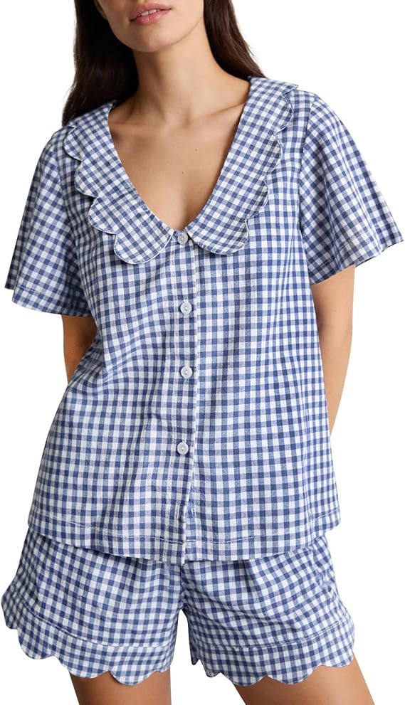Kissonic Womens Gingham Pajama Set 2 Piece Scalloped Edge Plaid Babydoll Pjs Short Sleeve Cotton ... | Amazon (US)