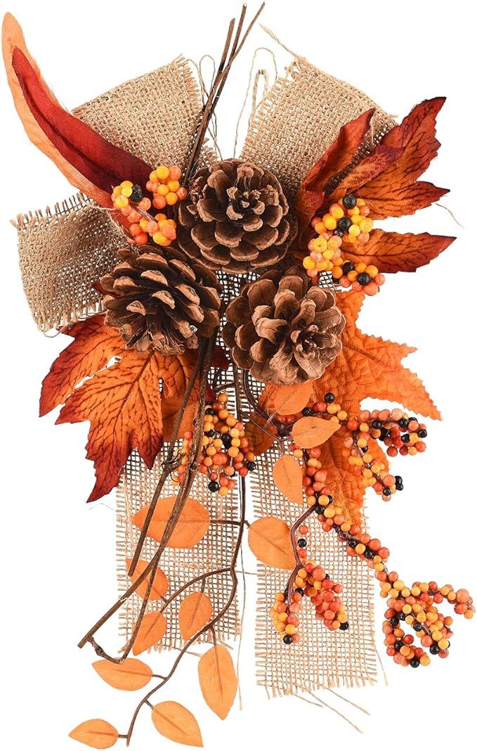 WERTSWF 12.6" Fall Harvest Wreath Autumn Swag for Front Door, Faux Pinecone Maple Leaf Berries Br... | Amazon (US)