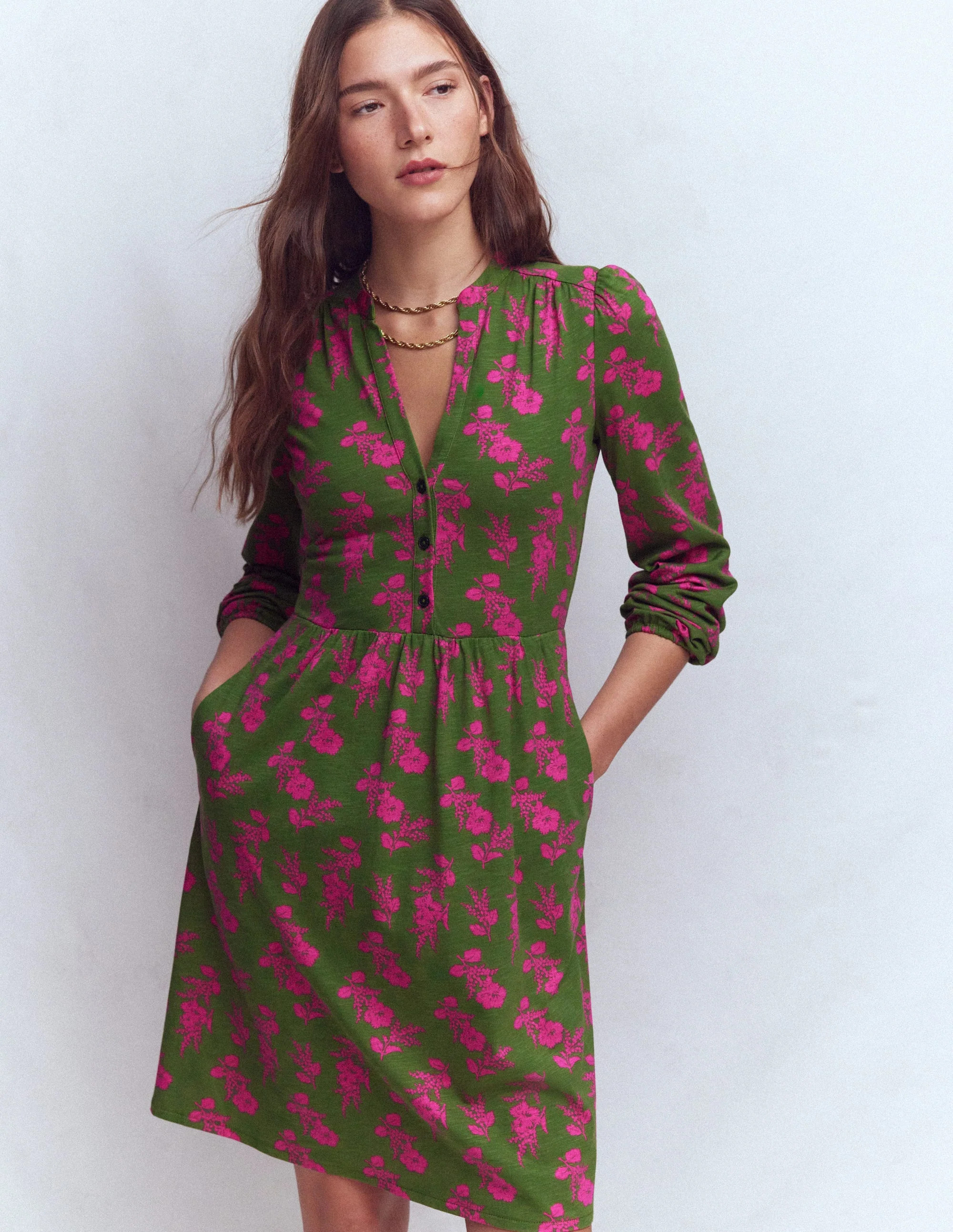Amy Short Jersey Dress-Olive, Blossomy Sprig | Boden (US)