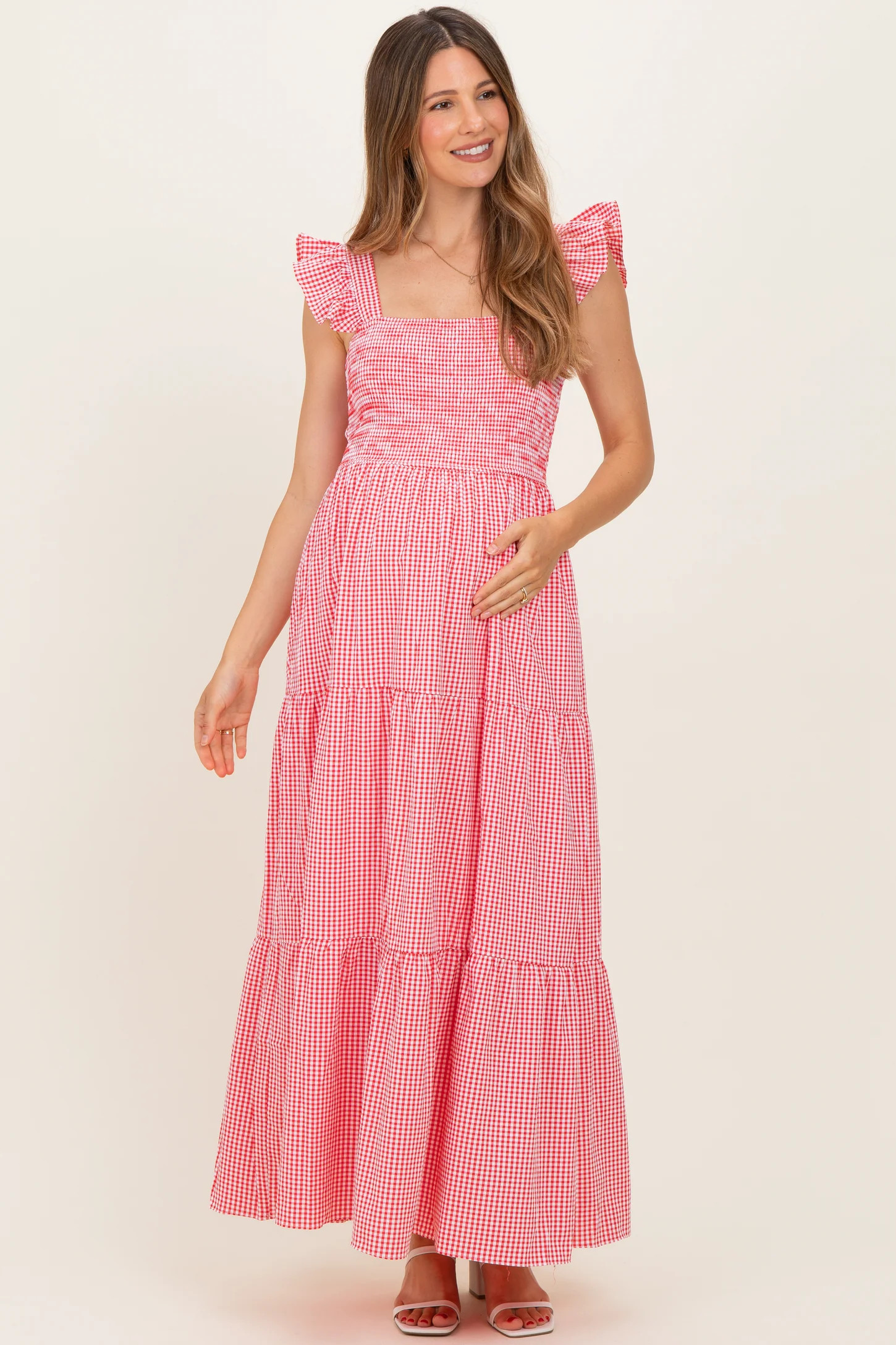 Red Gingham Ruffle Strap Smocked Maternity Maxi Dress | PinkBlush Maternity