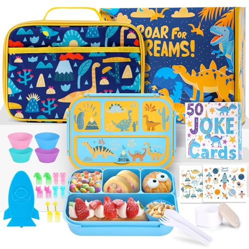 Bento Lunch Box for Kids Boys, Toddler School Lunch Box Containers with 4 Compartments, Cute Dinosaur Lunch Box Set with Insulated Lunch Bag and Ice Pack, Yellow | Amazon (US)