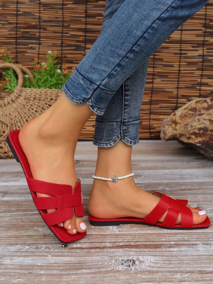 Women's Flat Sandals Red Beach Shoes,women | SHEIN