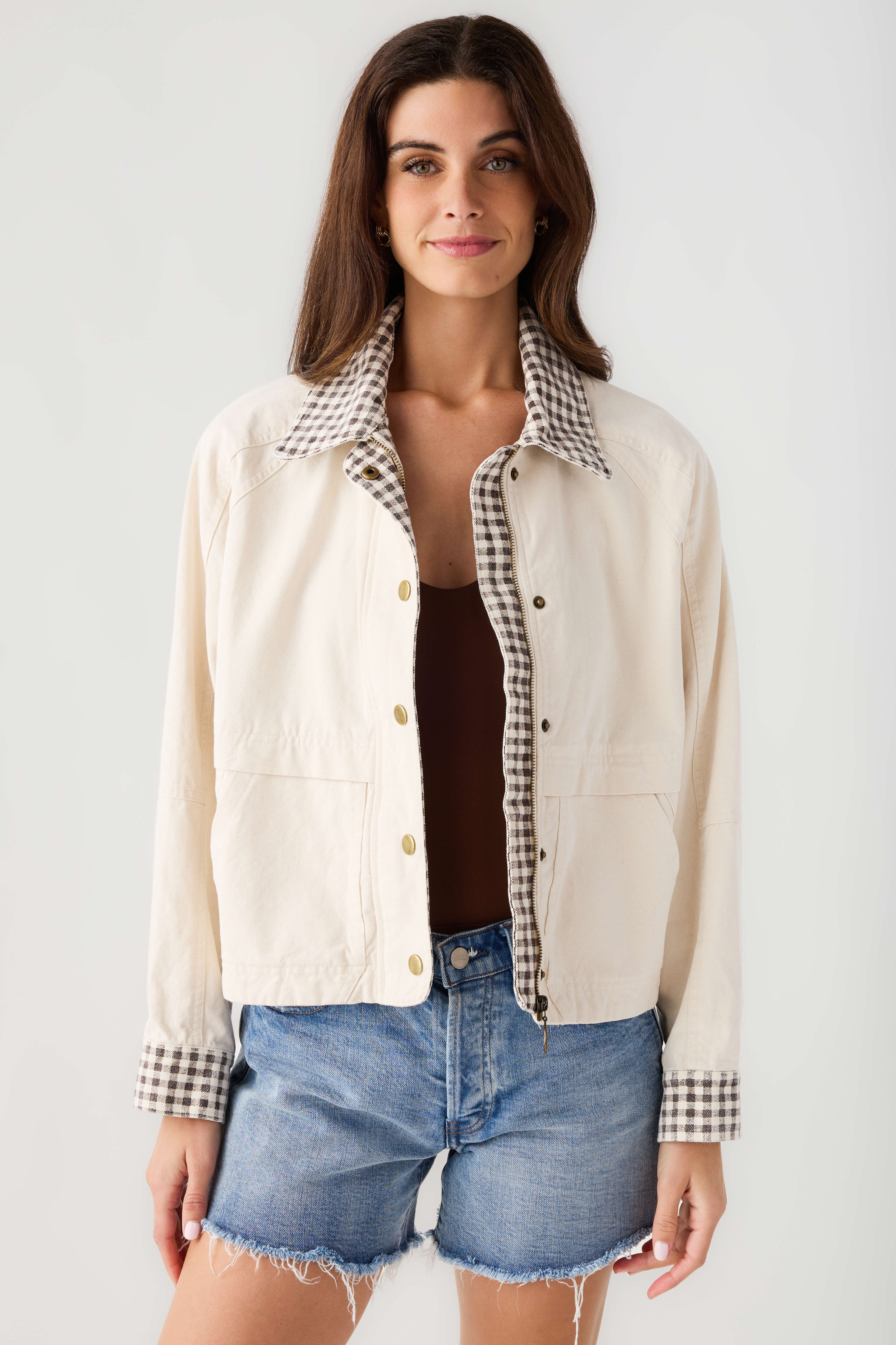 Miou Muse Gingham Collared Twill Jacket | Social Threads