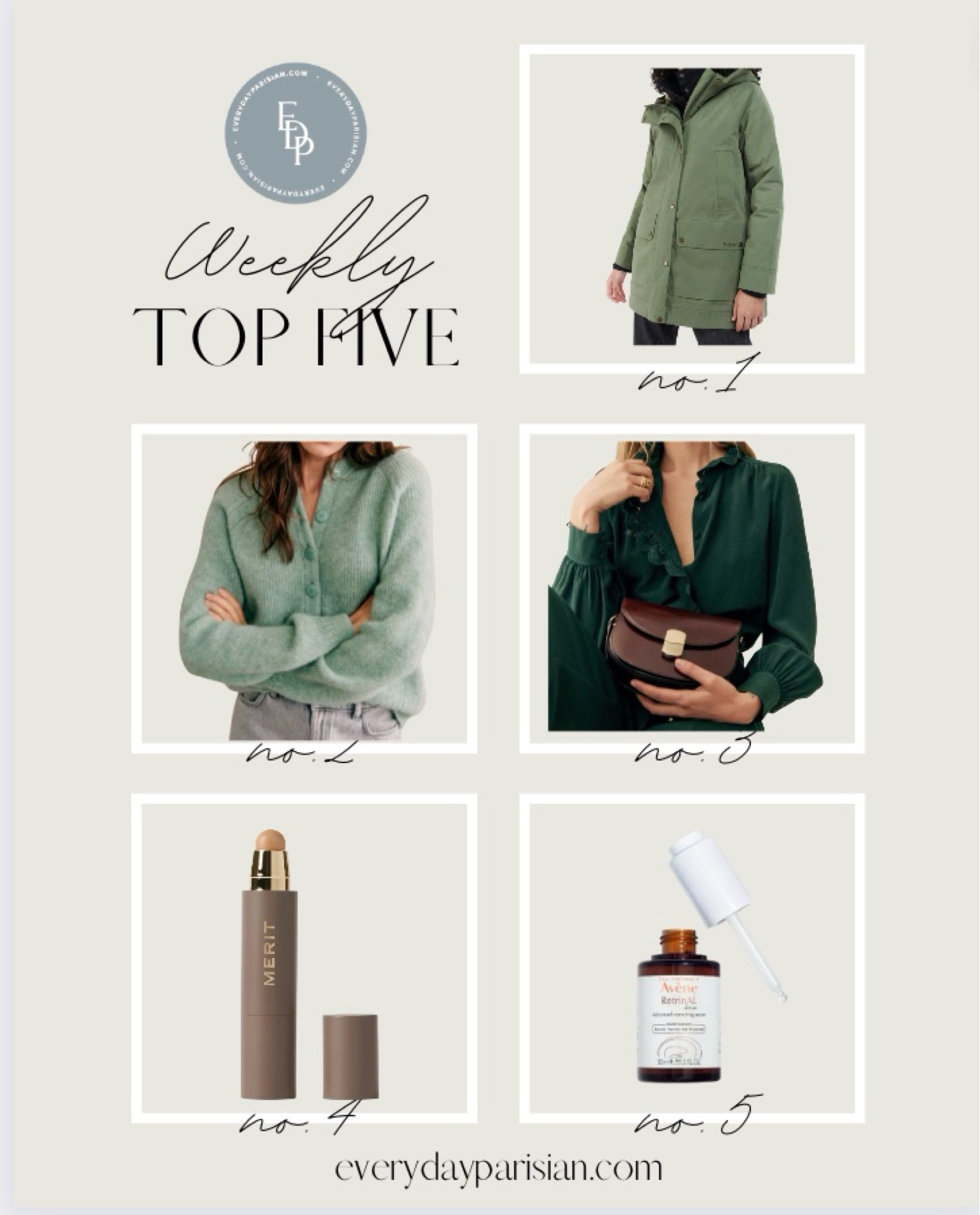 This week’s best sellers are green! Love the Barbour coat for rainy days. The blouse I wore earlier this week along with the Othello cardigan. Merit complexion stick for another week and Avène retinal for the win! #topfive 