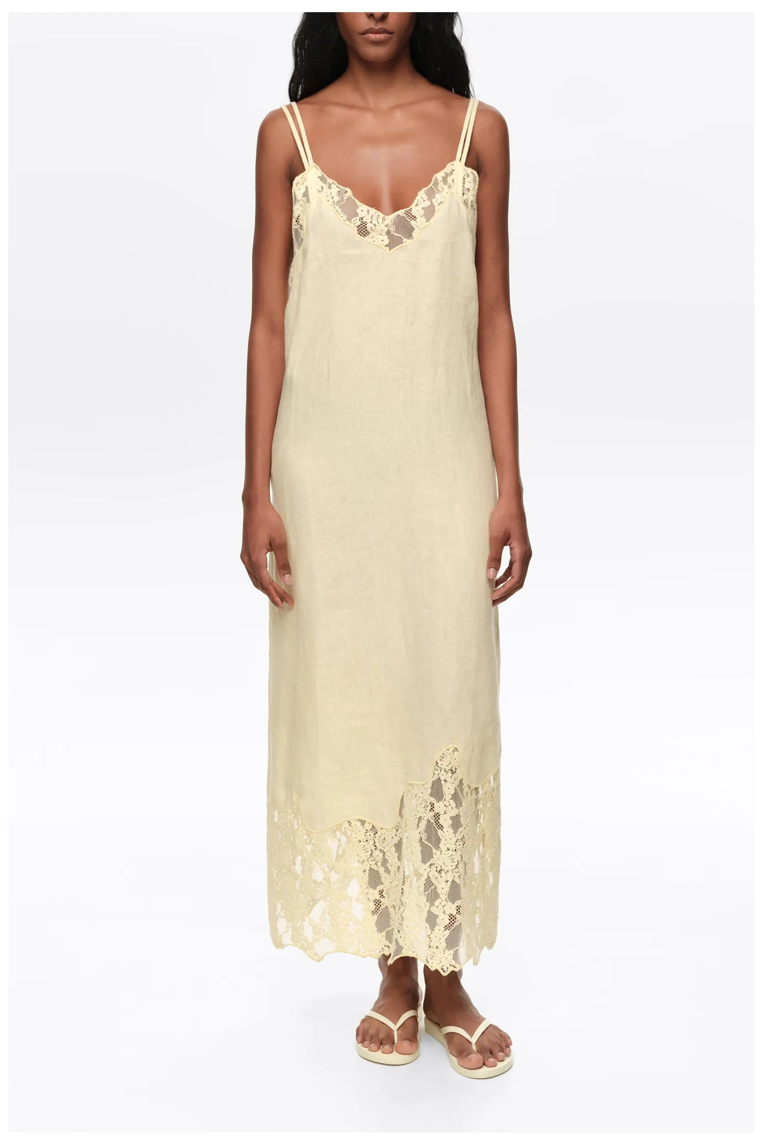 Washed Linen Lace V-Neck Midi Dress (Women) | Nordstrom | Nordstrom