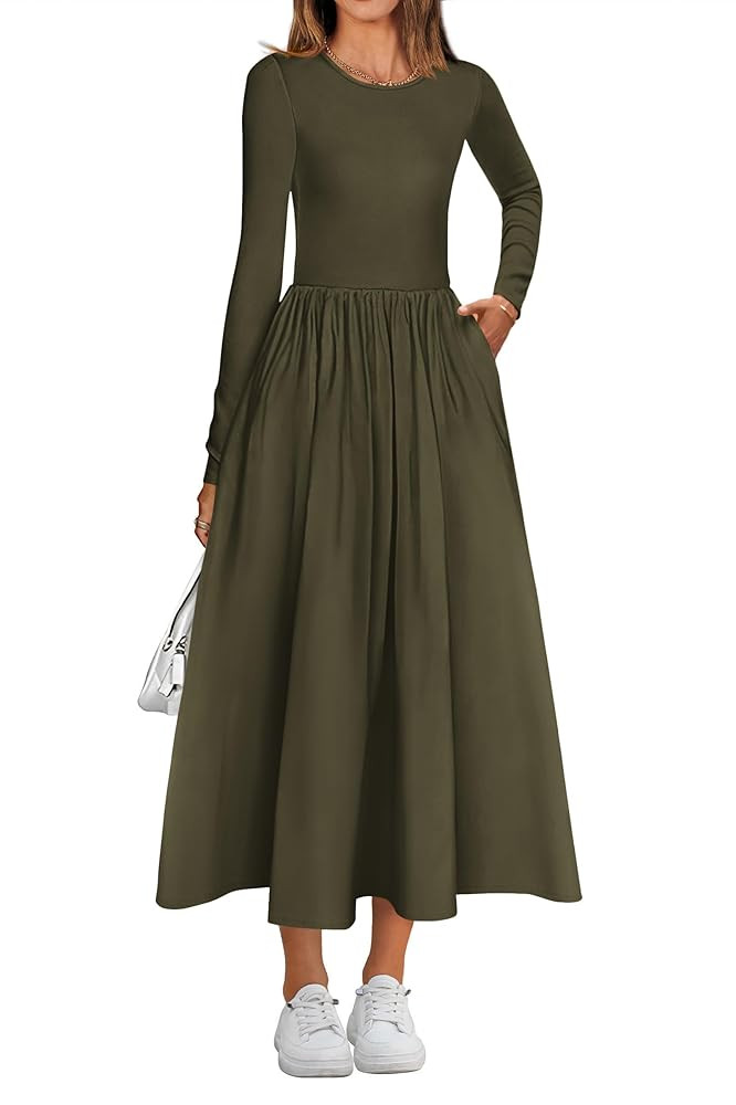 KIRUNDO Women Casual Long Sleeve Midi Dress 2025 Fall Wedding Guest Flowy Bohemian Modest Long Dr... | Amazon (US)