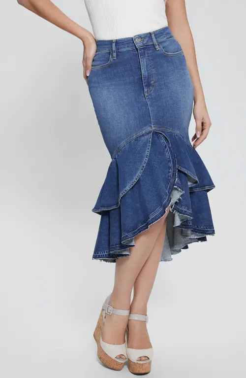 GUESS Marina Tiered Ruffle Denim Skirt in Lady Conch at Nordstrom, Size 27 | Nordstrom