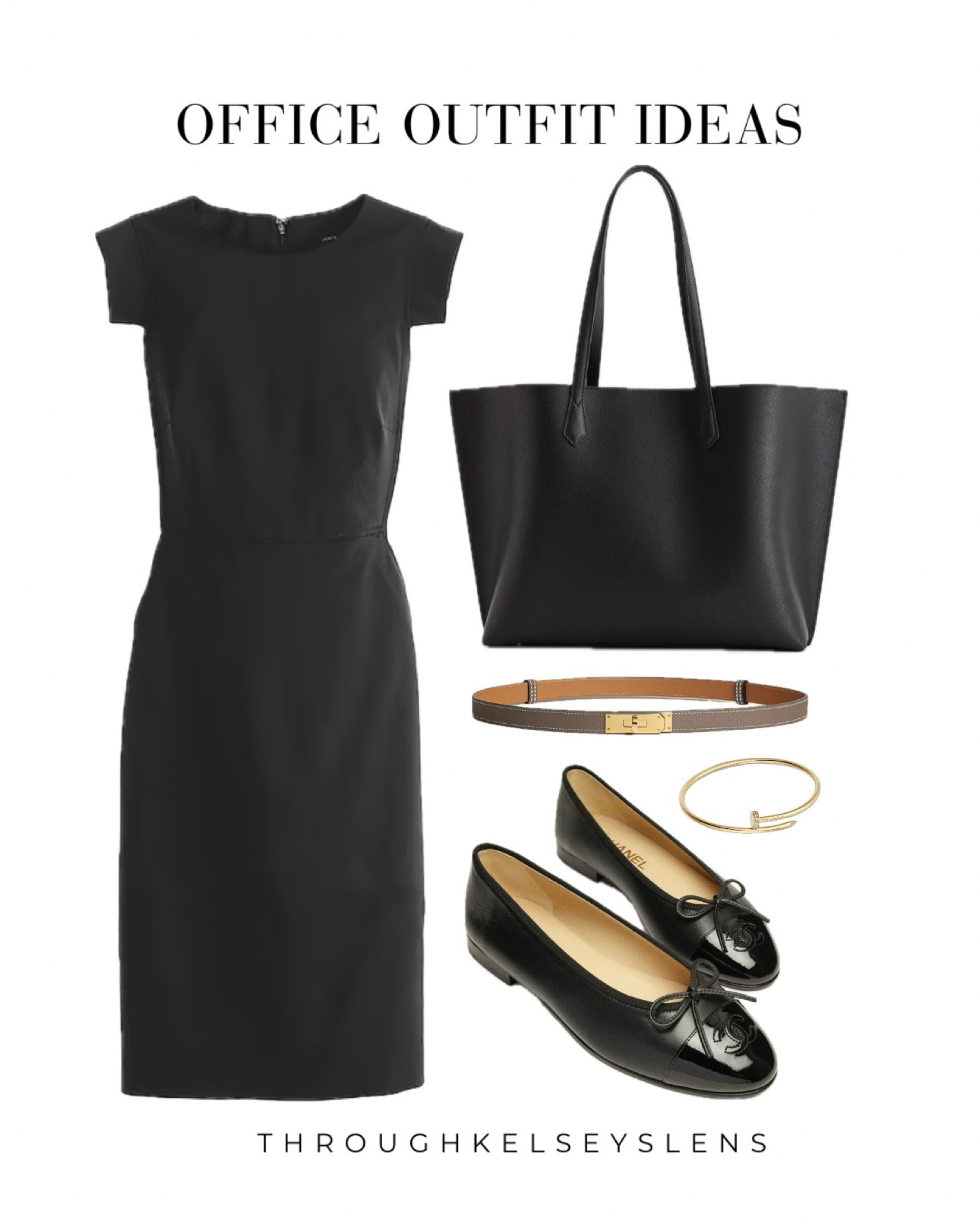 Office workwear outfit ideas
- J.Crew Resume Dress in black
- Black leather tote bag
- Chanel ballet flats in black with patent toe
- Hermes Kelly belt in etoupe with gold hardware
- Cartier juste un clou bracelet
#jcrew #workwear #office #hermes #chanel #cartier

#LTKshoecrush #LTKstyletip #LTKworkwear