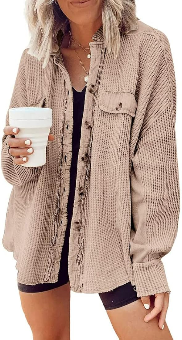 utcoco Women's Casual Waffle Knit Shacket Jacket Loose Fit Long Sleeve Button Down Shirt Shacket ... | Amazon (US)