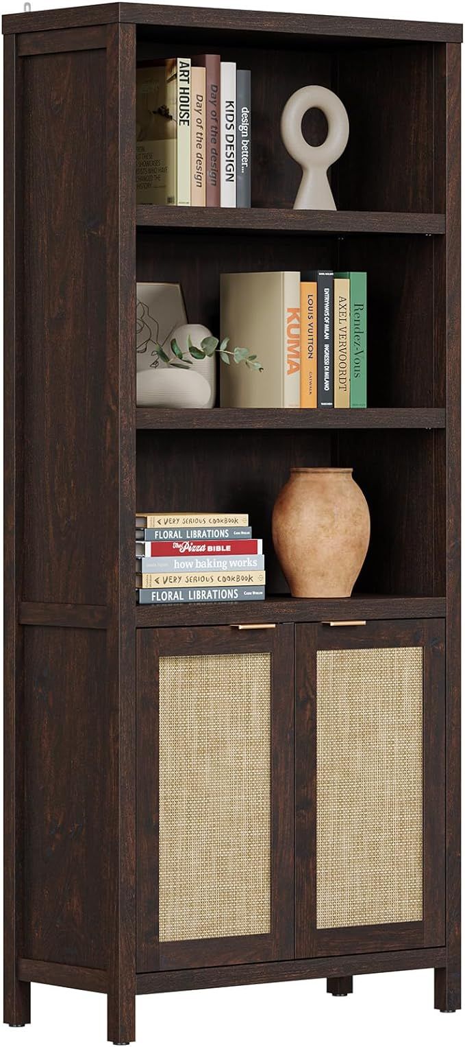 SICOTAS Bookcase 5 Tier Bookshelf Rattan Boho Tall Book Case Shelf with Doors Storage Wood Large ... | Amazon (US)