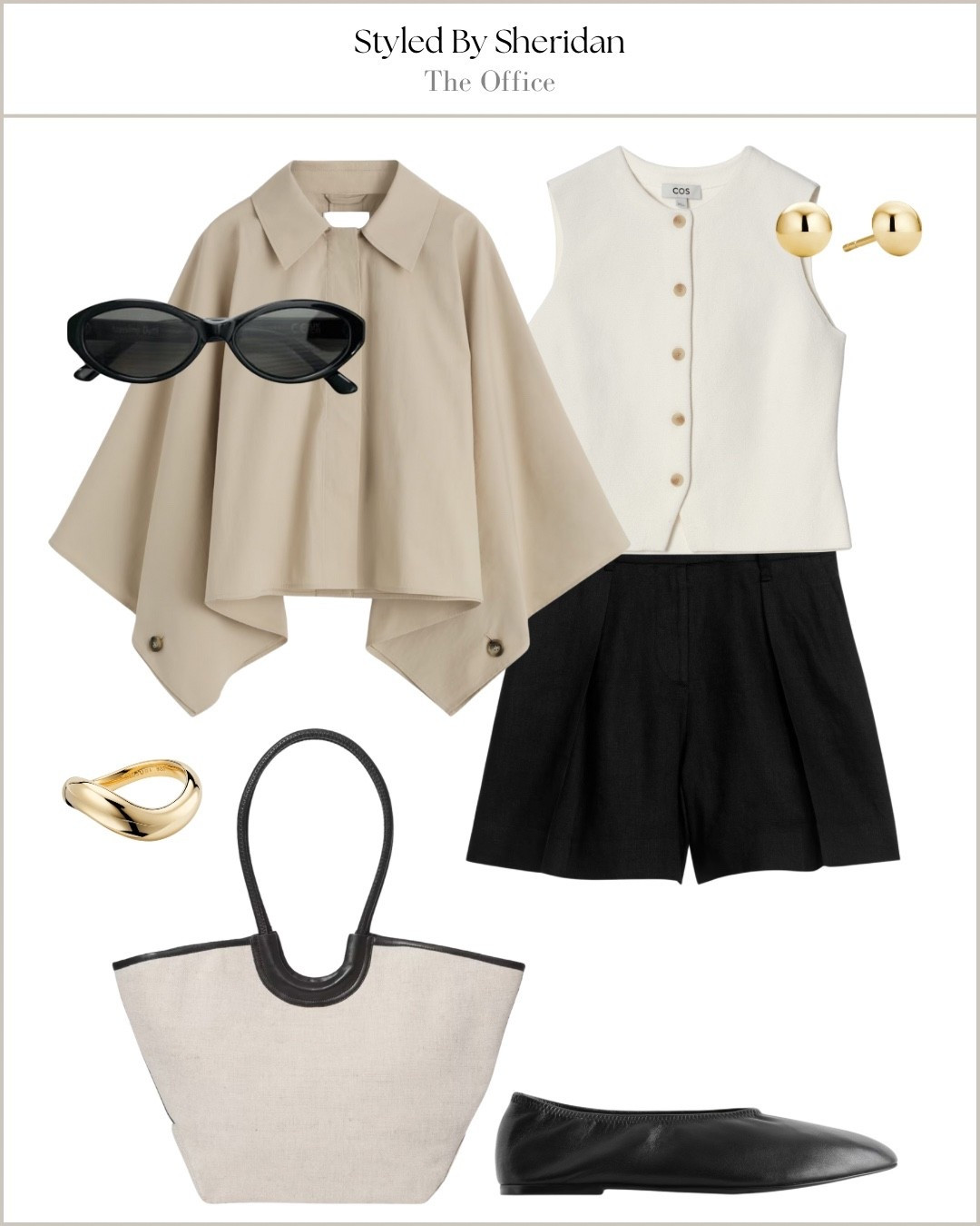 Outfit idea 💡

Knitted waistcoat, trench cape jacket, black tailored shorts, tote bag, ballet flats, workwear, office outfit 

#LTKbag #LTKshoes #LTKworkwear