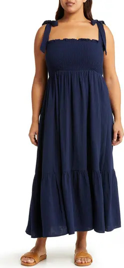 Smocked Tie Strap Cotton Gauze Midi Sundress | Nordstrom