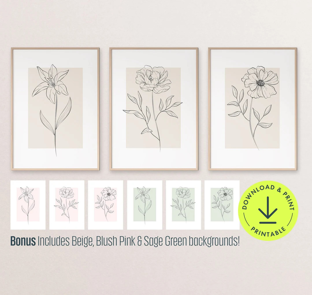 Neutral Flower Print Botanical Line Art Flower Wall Art Printable Gallery Wall Set of 3 Printable... | Etsy (US)