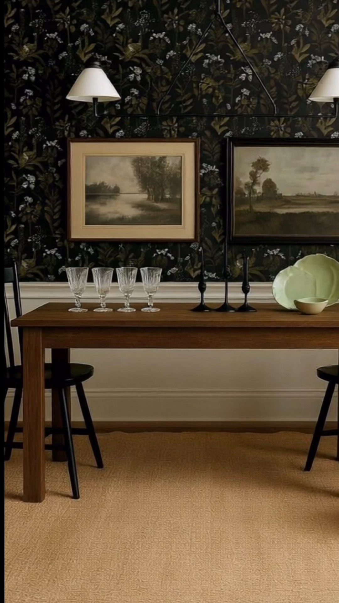 I pulled this entire dining room together from Walmart and I’m obsessed with how warm and cozy it feels. The black floral wallpaper makes the wood tones pop, and the mix of modern black chairs with rustic pieces keeps it feeling timeless. Everything here — from the table to the art to the little mint green tea set — is budget-friendly but still looks high-end. Perfect for a family dinner or a cozy night in with friends!

#LTKHome